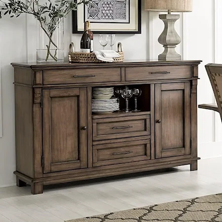 Traditional Server with 4 Drawers, 1 Open Shelf, and Interior Storage